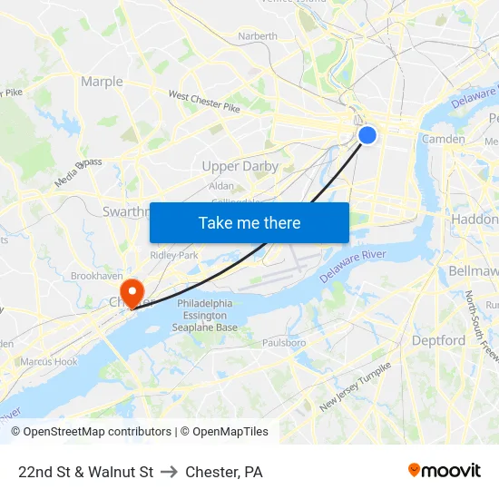 22nd St & Walnut St to Chester, PA map