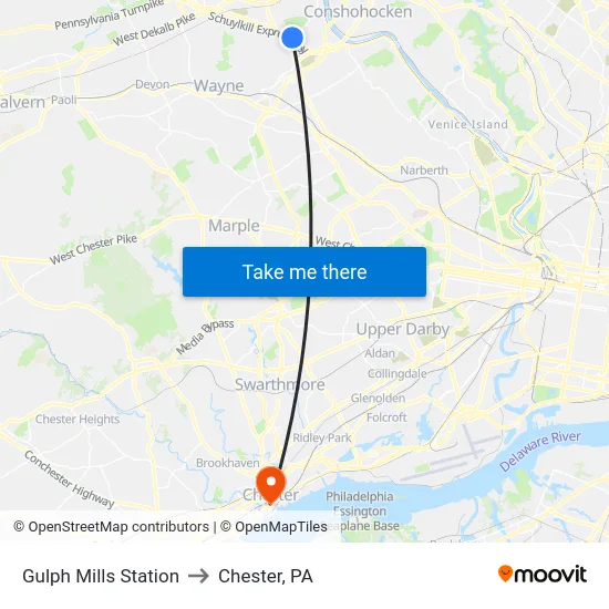 Gulph Mills Station to Chester, PA map