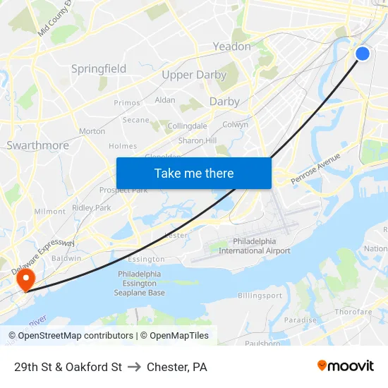 29th St & Oakford St to Chester, PA map