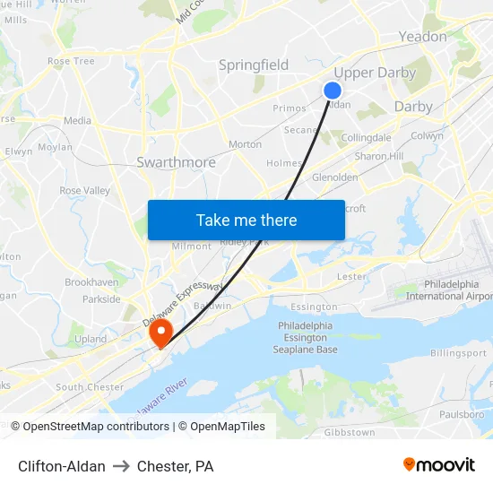 Clifton-Aldan to Chester, PA map