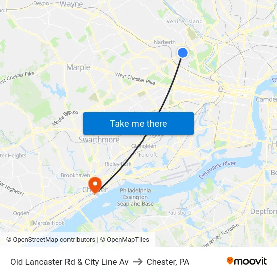 Old Lancaster Rd & City Line Av to Chester, PA map