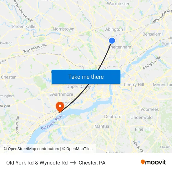 Old York Rd & Wyncote Rd to Chester, PA map