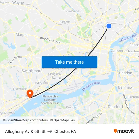 Allegheny Av & 6th St to Chester, PA map