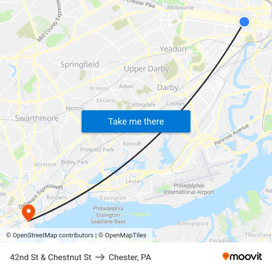 42nd St & Chestnut St to Chester, PA map