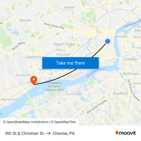 9th St & Christian St to Chester, PA map