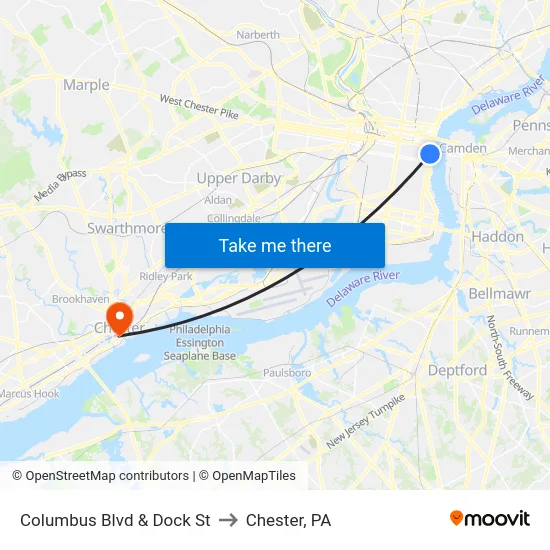 Columbus Blvd & Dock St to Chester, PA map