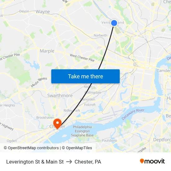 Leverington St & Main St to Chester, PA map