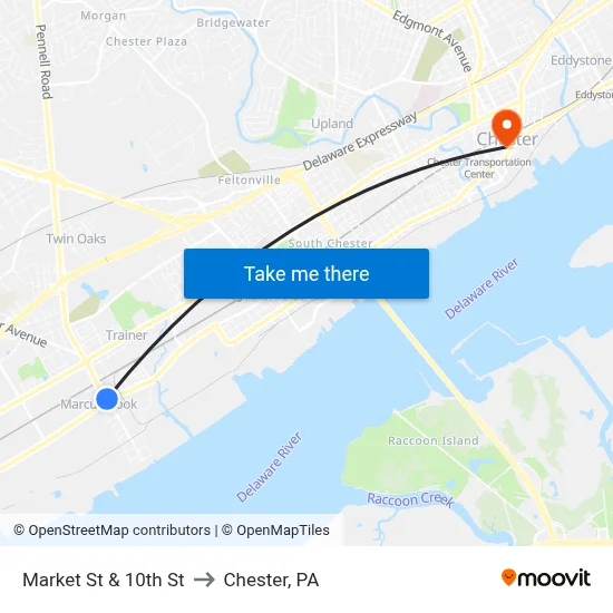 Market St & 10th St to Chester, PA map