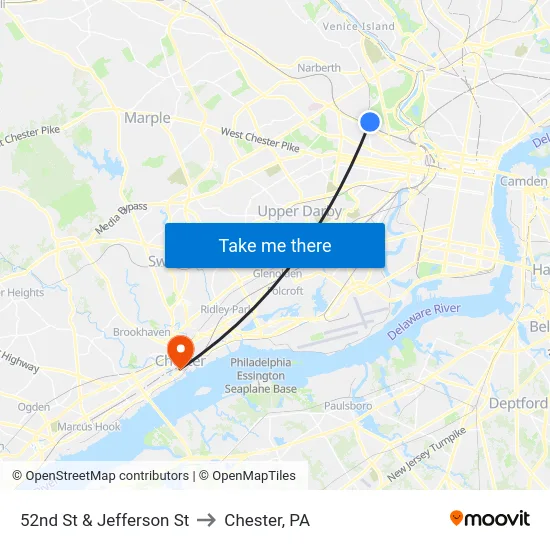 52nd St & Jefferson St to Chester, PA map
