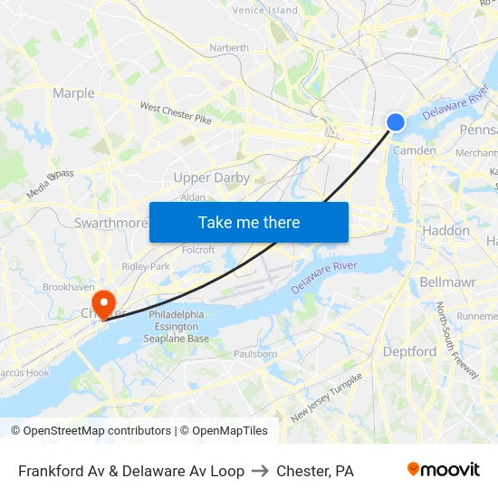 Frankford Av & Delaware Av Loop to Chester, PA map