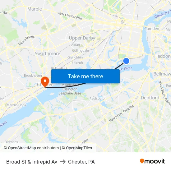 Broad St & Intrepid Av to Chester, PA map