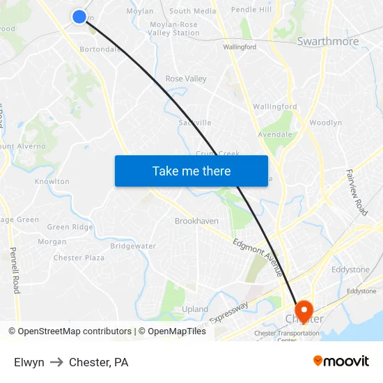 Elwyn to Chester, PA map