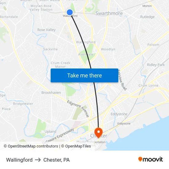 Wallingford to Chester, PA map