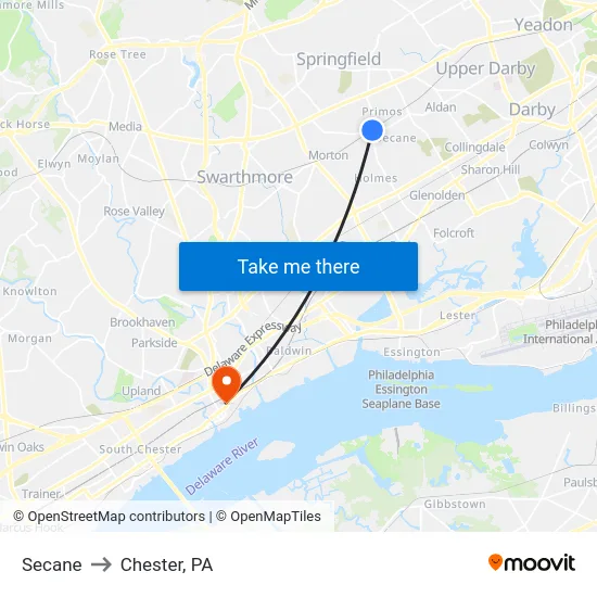 Secane to Chester, PA map