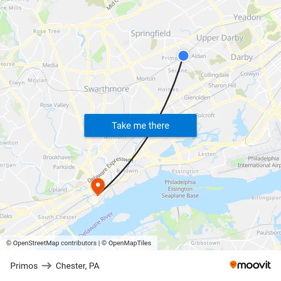 Primos to Chester, PA map