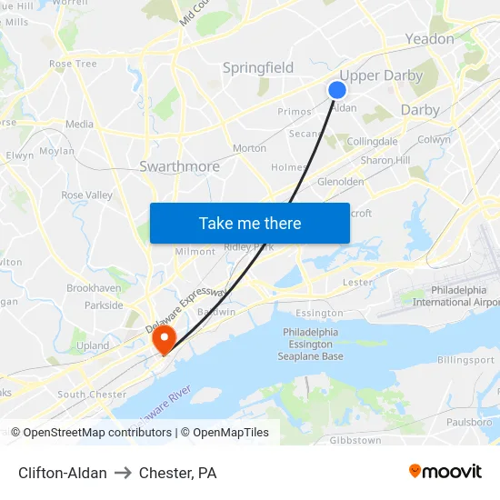 Clifton-Aldan to Chester, PA map