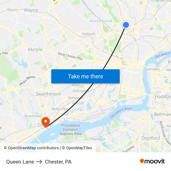 Queen Lane to Chester, PA map