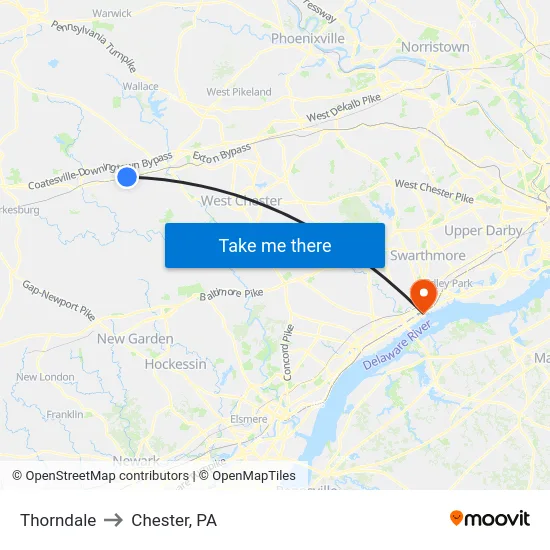 Thorndale to Chester, PA map