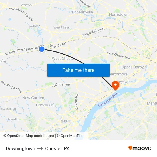 Downingtown to Chester, PA map