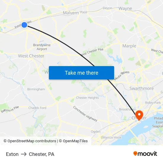 Exton to Chester, PA map