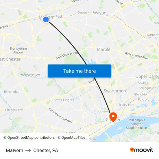 Malvern to Chester, PA map