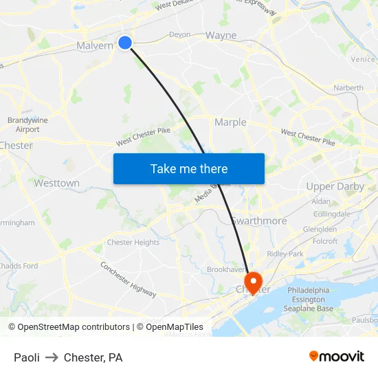 Paoli to Chester, PA map