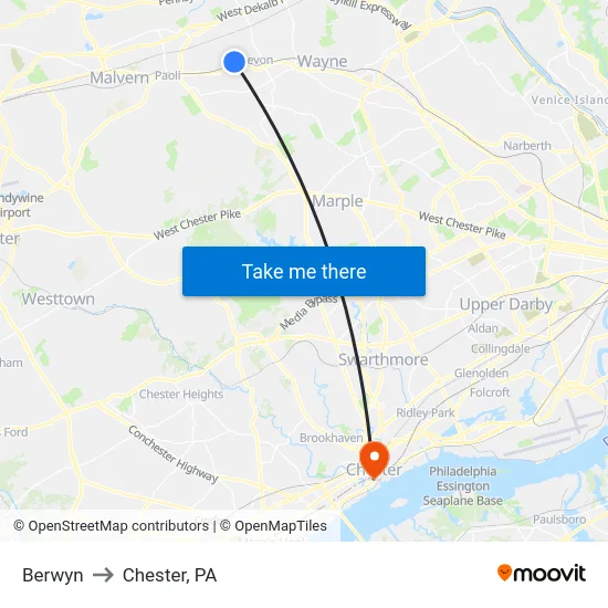 Berwyn to Chester, PA map