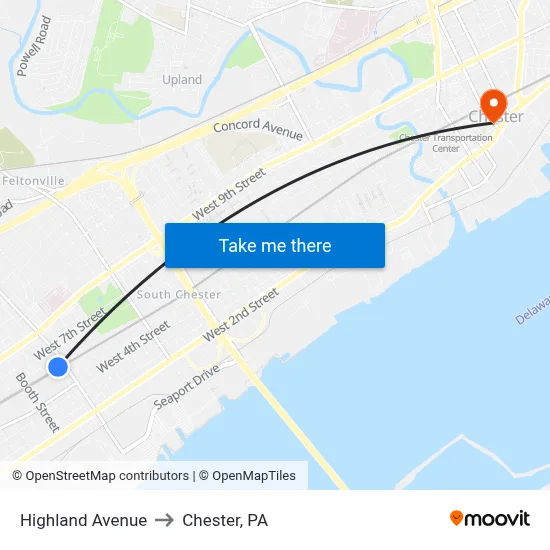 Highland Avenue to Chester, PA map