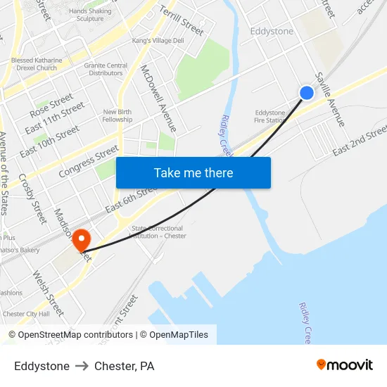 Eddystone to Chester, PA map