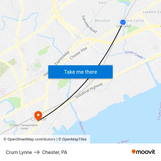 Crum Lynne to Chester, PA map