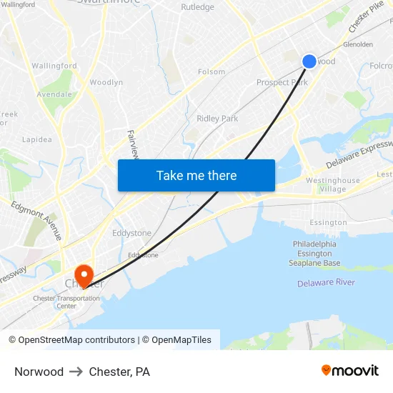 Norwood to Chester, PA map