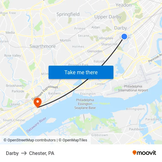 Darby to Chester, PA map