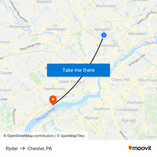 Rydal to Chester, PA map