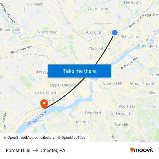 Forest Hills to Chester, PA map