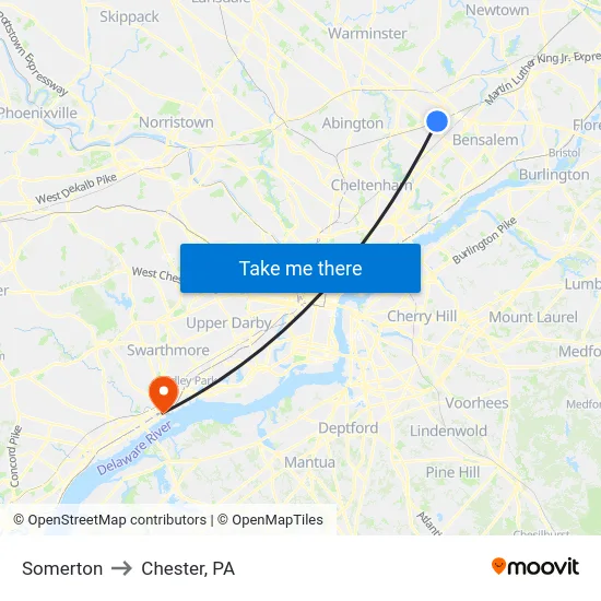 Somerton to Chester, PA map