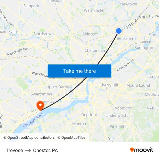 Trevose to Chester, PA map