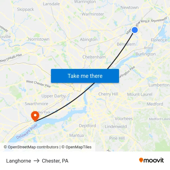 Langhorne to Chester, PA map