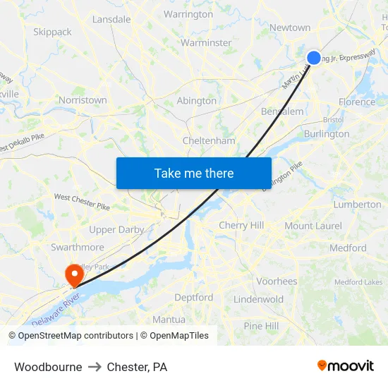 Woodbourne to Chester, PA map