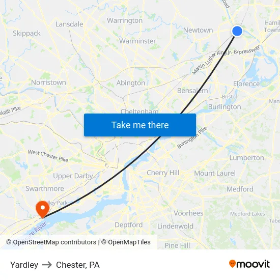 Yardley to Chester, PA map