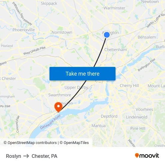 Roslyn to Chester, PA map