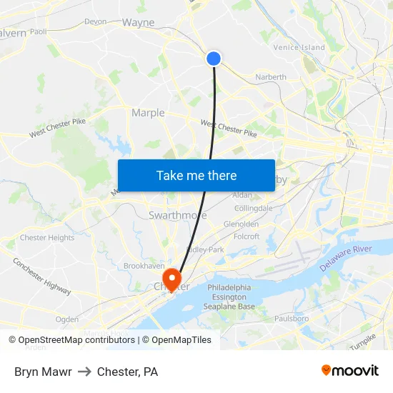 Bryn Mawr to Chester, PA map