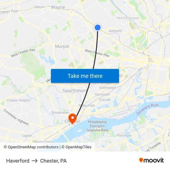 Haverford to Chester, PA map