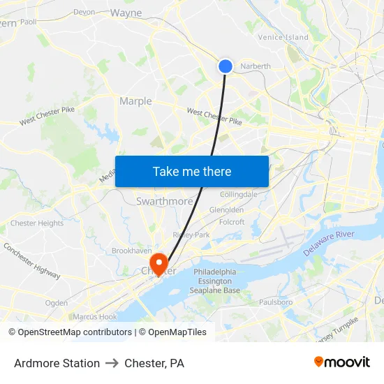 Ardmore Station to Chester, PA map