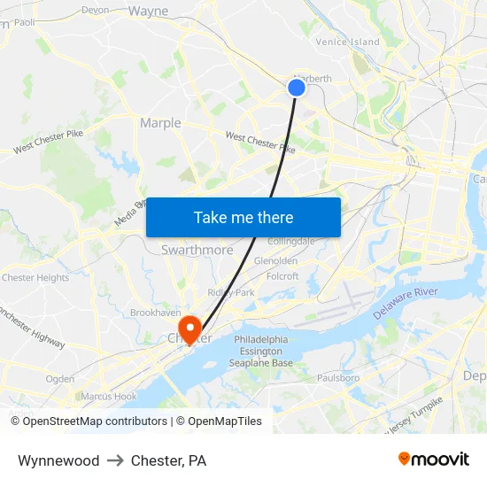 Wynnewood to Chester, PA map