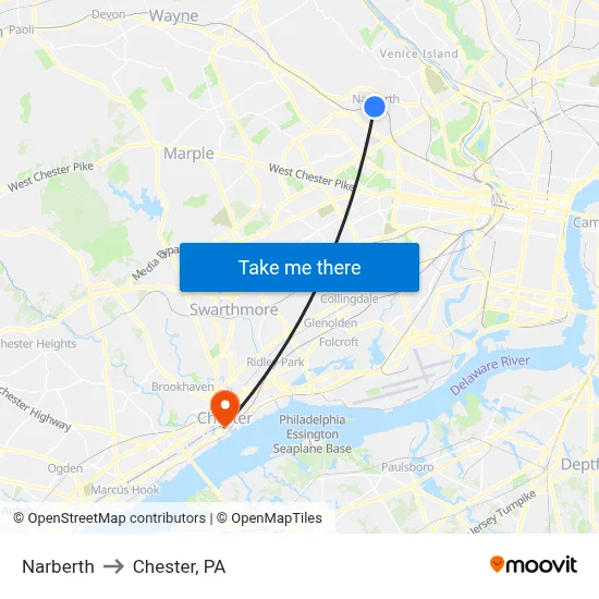 Narberth to Chester, PA map