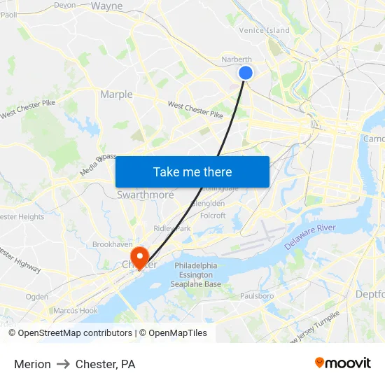 Merion to Chester, PA map