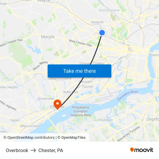 Overbrook to Chester, PA map