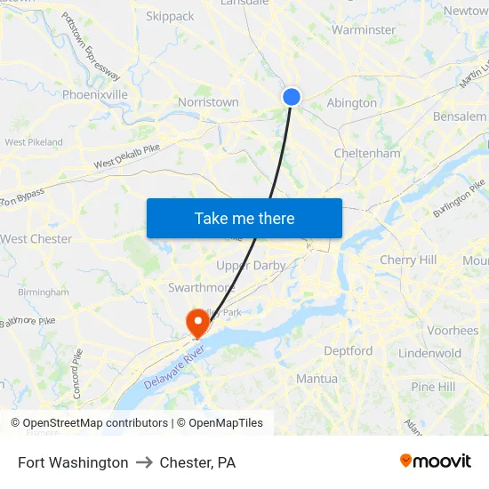 Fort Washington to Chester, PA map