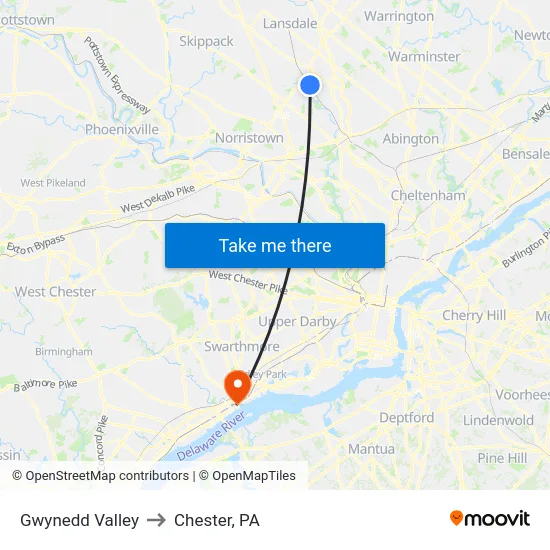 Gwynedd Valley to Chester, PA map
