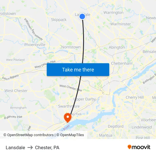 Lansdale to Chester, PA map